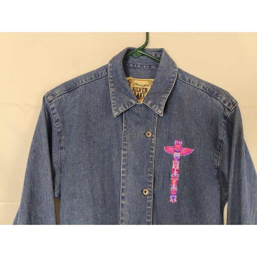 VTG Wrangler Silver Lake Denim Western Totem Pole‎ Embroidered Shirt Size Medium - Picture 6 of 8